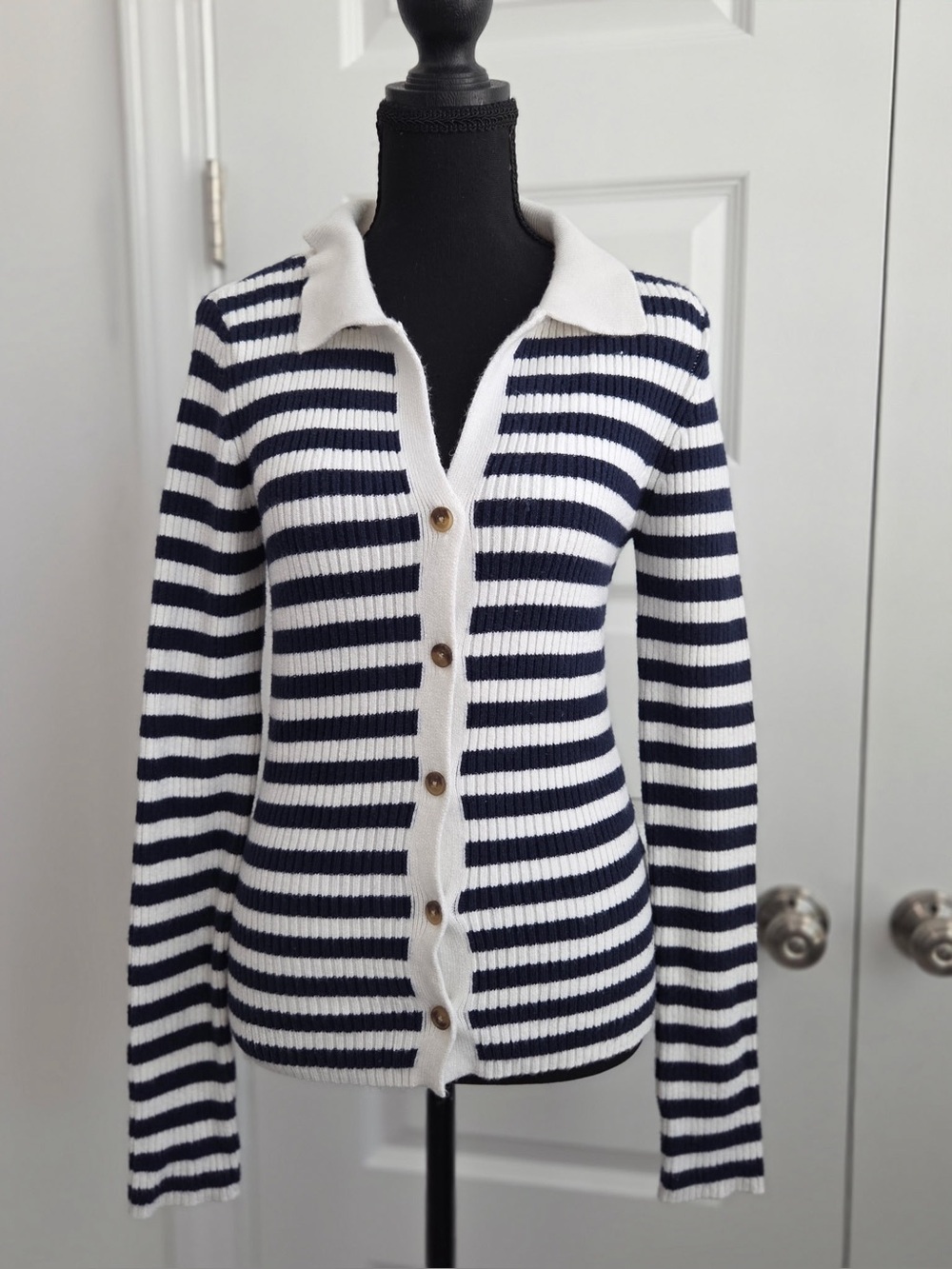 Lucky Brand Navy and White Striped Collared Sweater